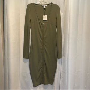 Long Sleeve Zipper Dress - Olive Green